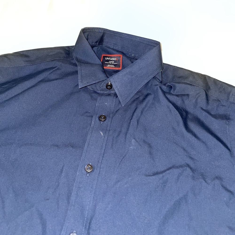 UNTUCKit Mens Navy Blue Wrinkle Free Relaxed Fit Cotton Button Down Shirt Large